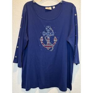 Quacker Factory Navy Nautical Knit Top with Rhinestones 3/4 Sleeves Size 1X